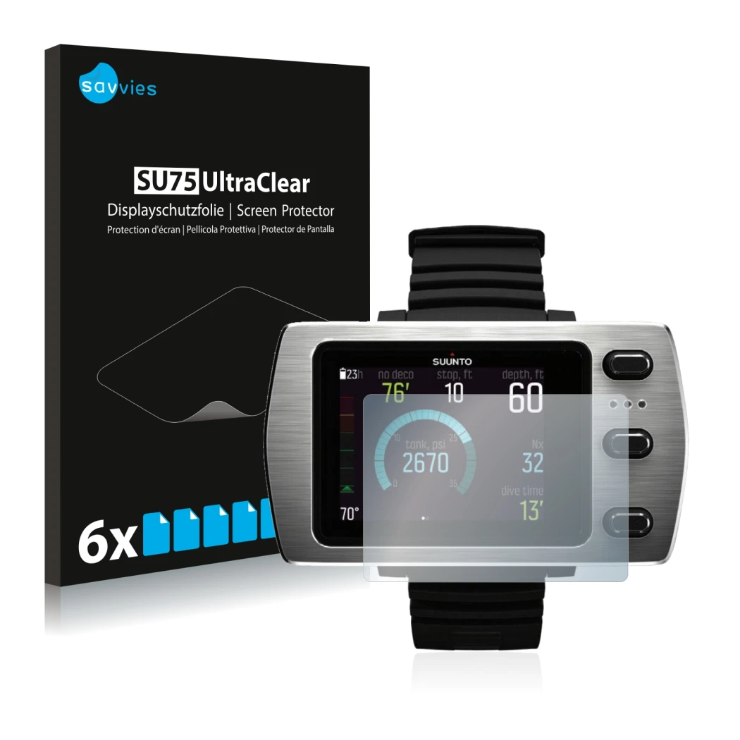 Parte frontale di una confezione del prodotto con il logo del marchio Savvies. Accanto è raffigurato il dispositivo Suunto Eon