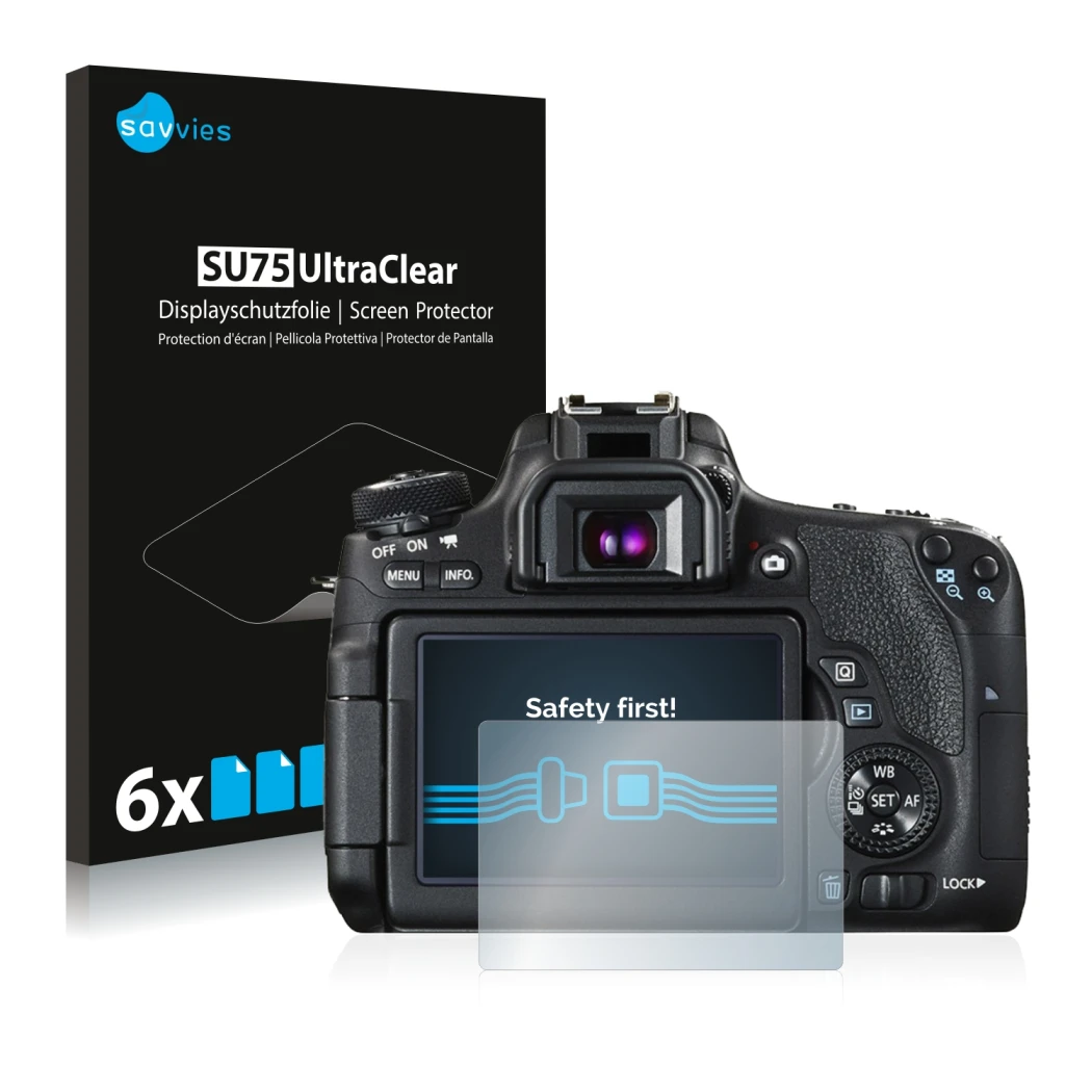 Parte frontale di una confezione del prodotto con il logo del marchio Savvies. Accanto è raffigurato il dispositivo Canon EOS 