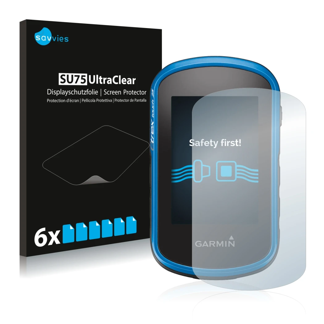 Parte frontale di una confezione del prodotto con il logo del marchio Savvies. Accanto è raffigurato il dispositivo Garmin eTr
