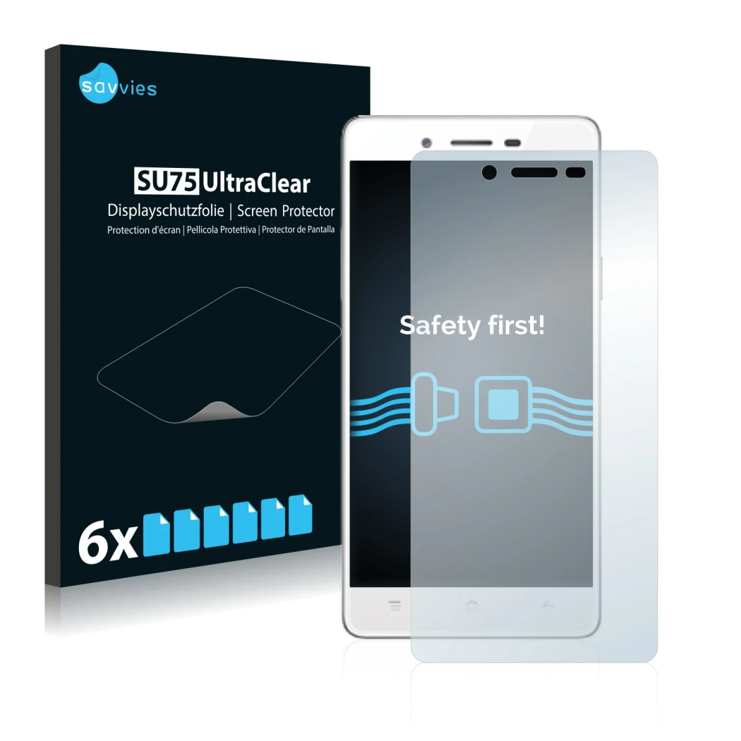 Parte frontale di una confezione del prodotto con il logo del marchio Savvies. Accanto è raffigurato il dispositivo Oppo A51 c