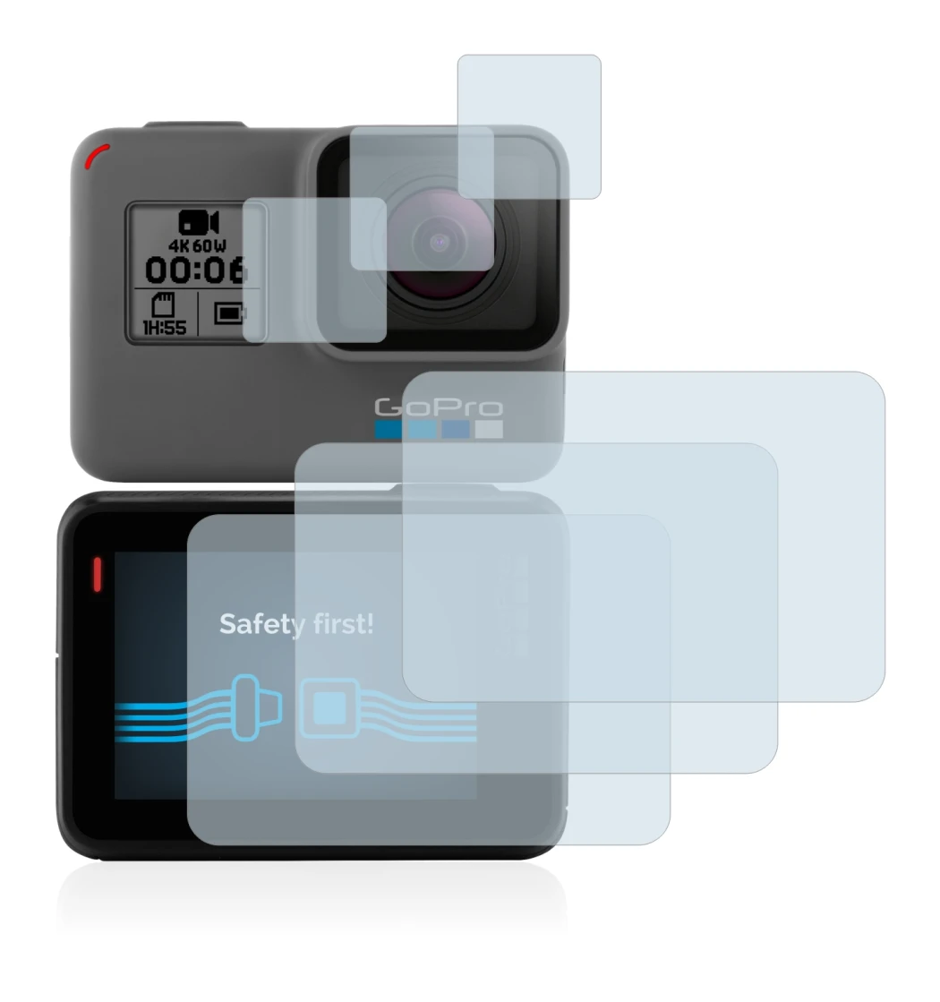 Immagine del dispositivo GoPro Hero 5 Black con un'ampia varietà di protezioni per lo schermo.