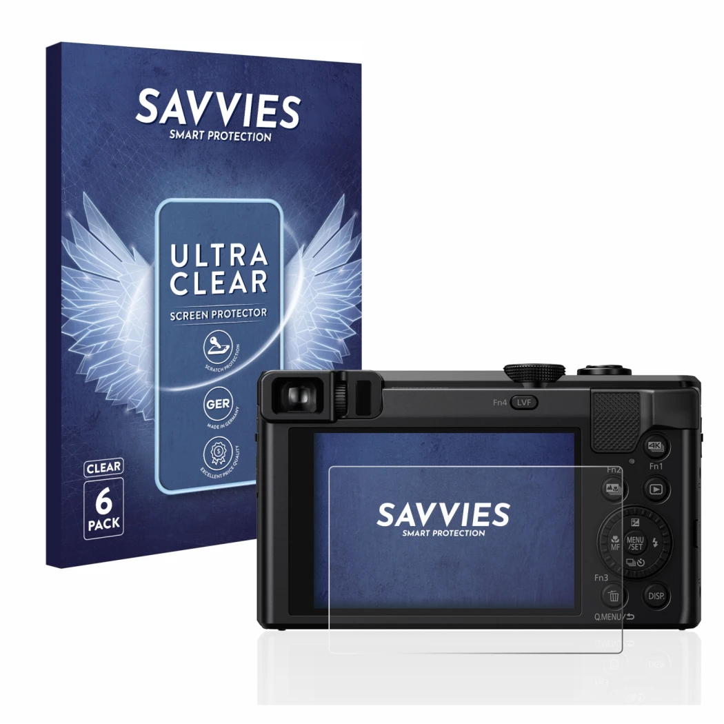 Parte frontale di una confezione del prodotto con il logo del marchio Savvies. Accanto è raffigurato il dispositivo Panasonic 