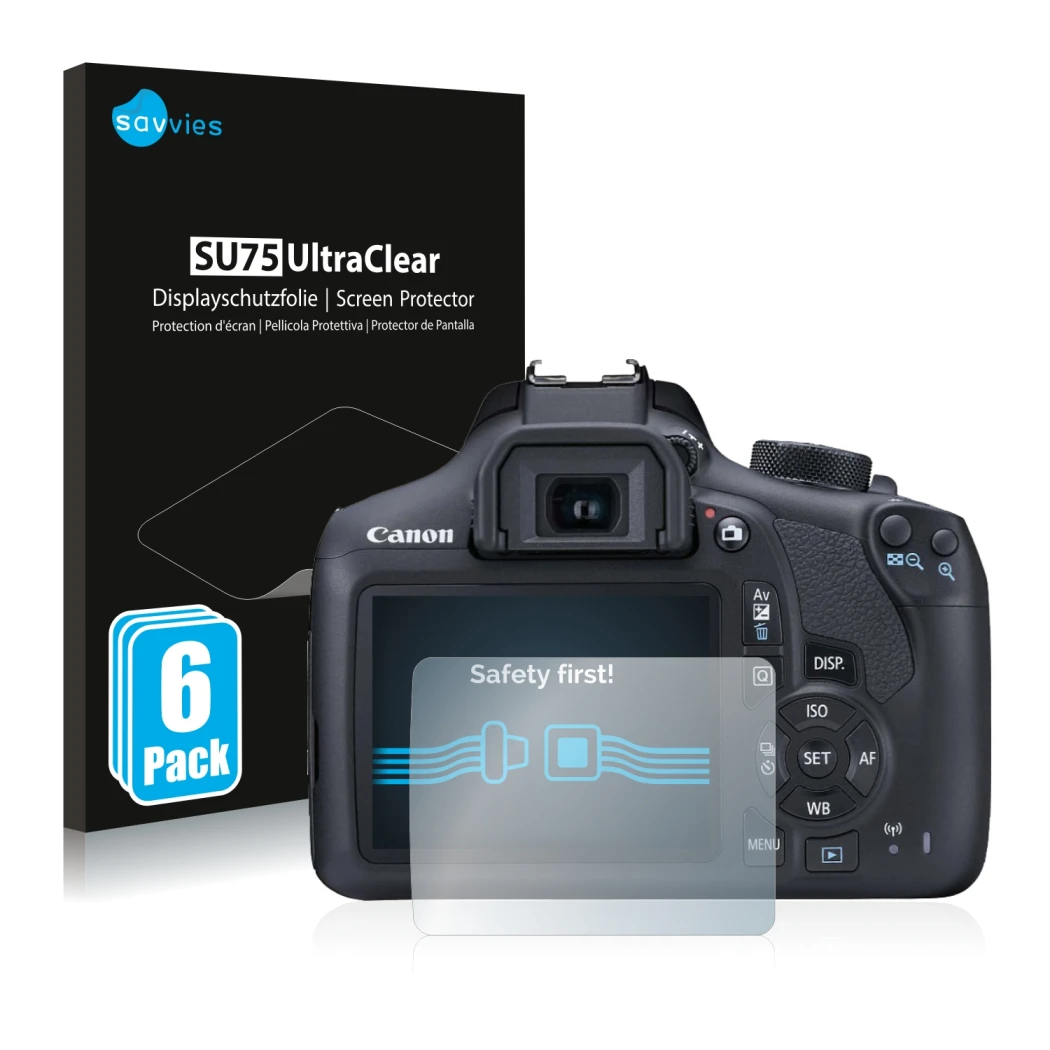 Parte frontale di una confezione del prodotto con il logo del marchio Savvies. Accanto è raffigurato il dispositivo Canon EOS 