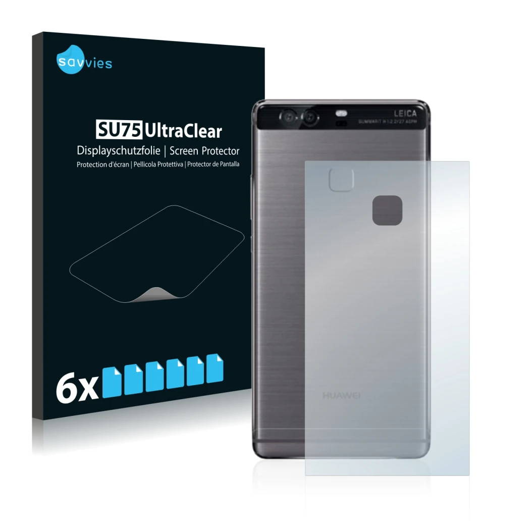 Parte frontale di una confezione del prodotto con il logo del marchio Savvies. Accanto è raffigurato il dispositivo Huawei P9 