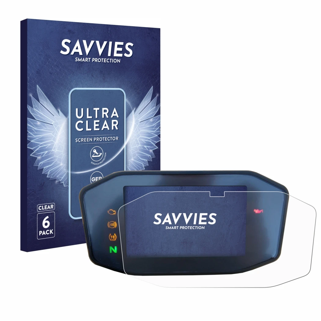 Parte frontale di una confezione del prodotto con il logo del marchio Savvies. Accanto è raffigurato il dispositivo KTM 690 Du