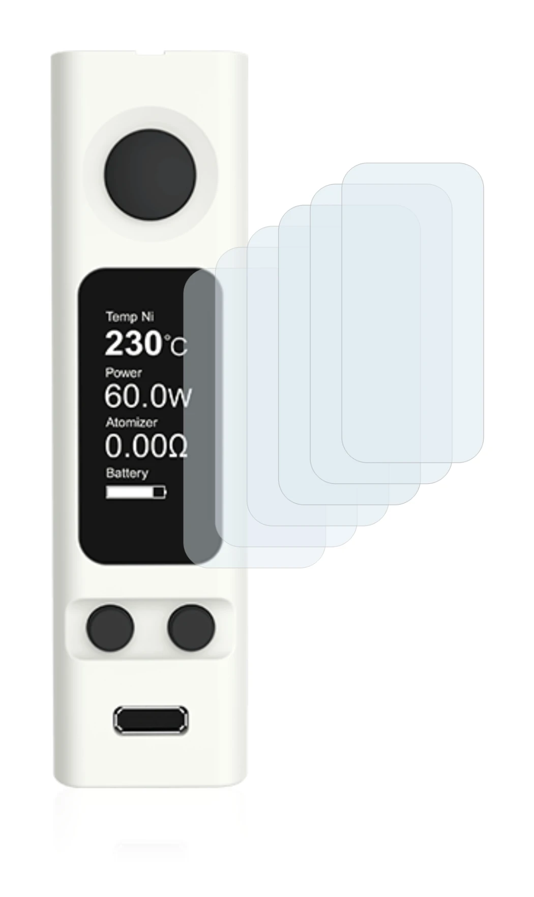 Immagine del dispositivo Joyetech eVic VTwo Mini con un'ampia varietà di protezioni per lo schermo.
