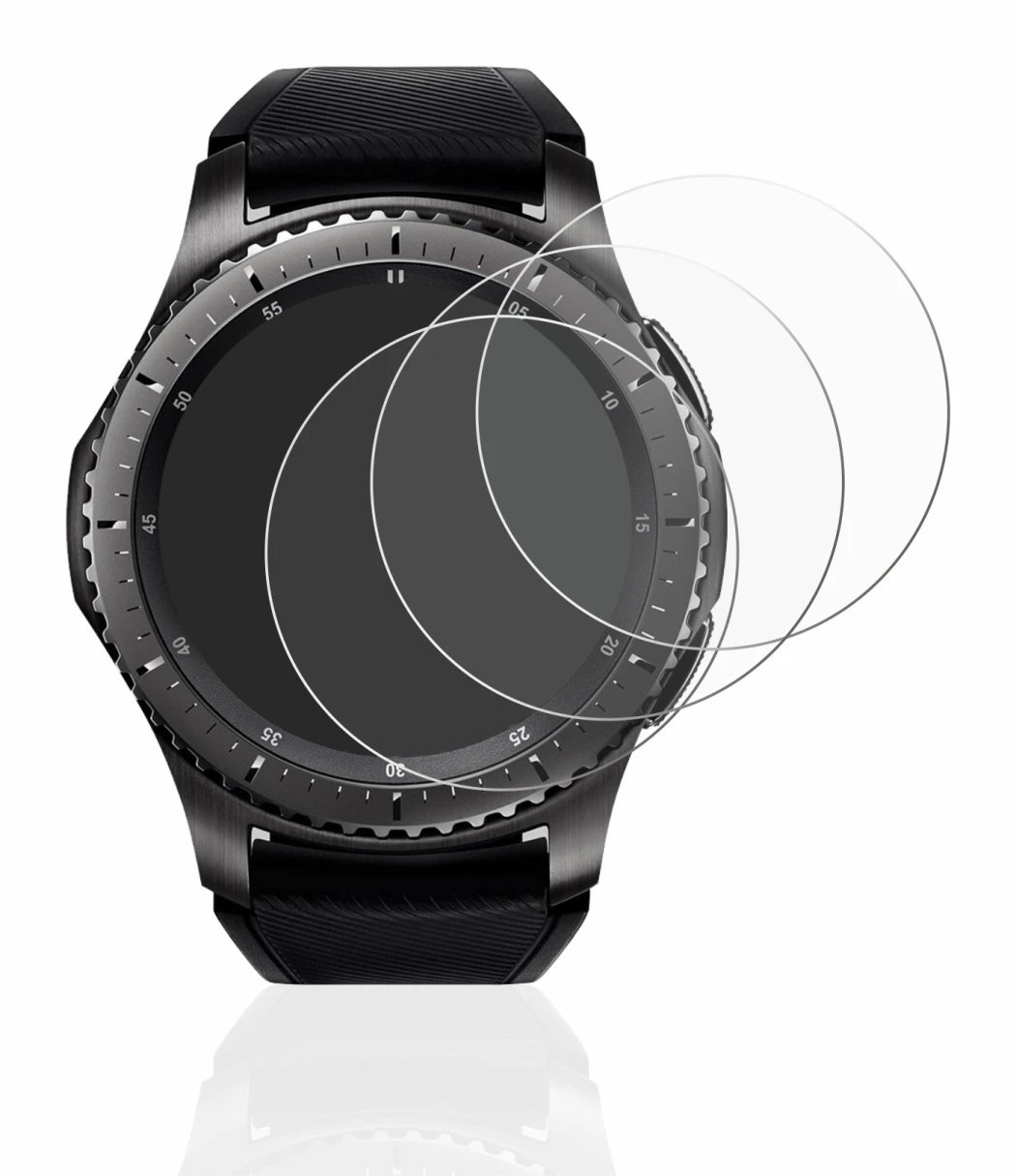 Immagine del dispositivo Samsung Gear S3 Frontier con un'ampia varietà di protezioni per lo schermo.