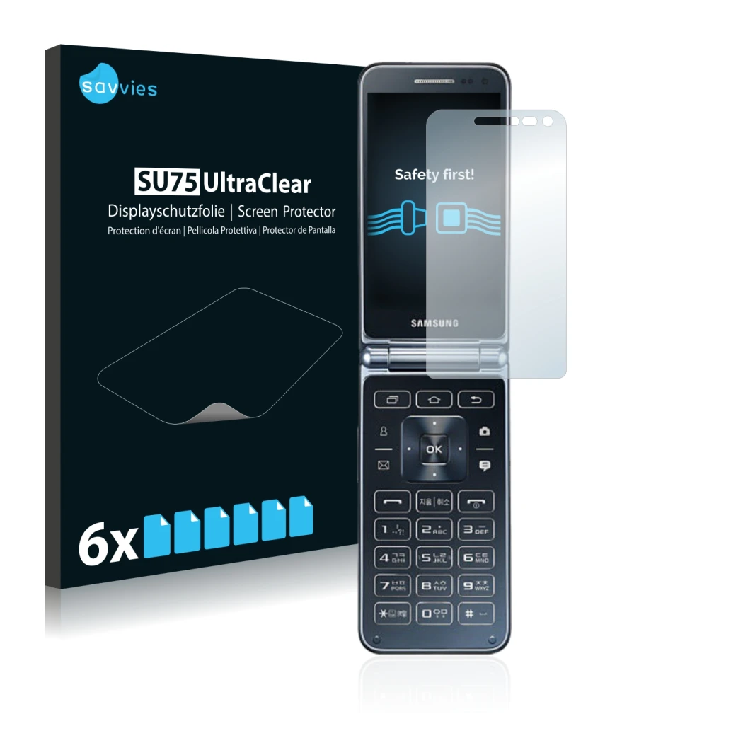 Parte frontale di una confezione del prodotto con il logo del marchio Savvies. Accanto è raffigurato il dispositivo Samsung Ga