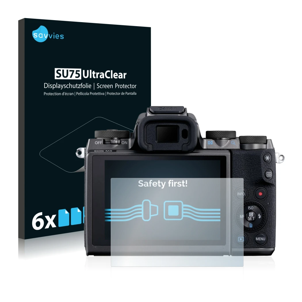 Parte frontale di una confezione del prodotto con il logo del marchio Savvies. Accanto è raffigurato il dispositivo Canon EOS 