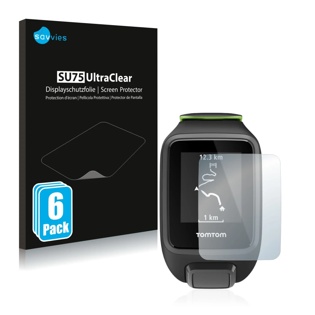 Parte frontale di una confezione del prodotto con il logo del marchio Savvies. Accanto è raffigurato il dispositivo TomTom Run