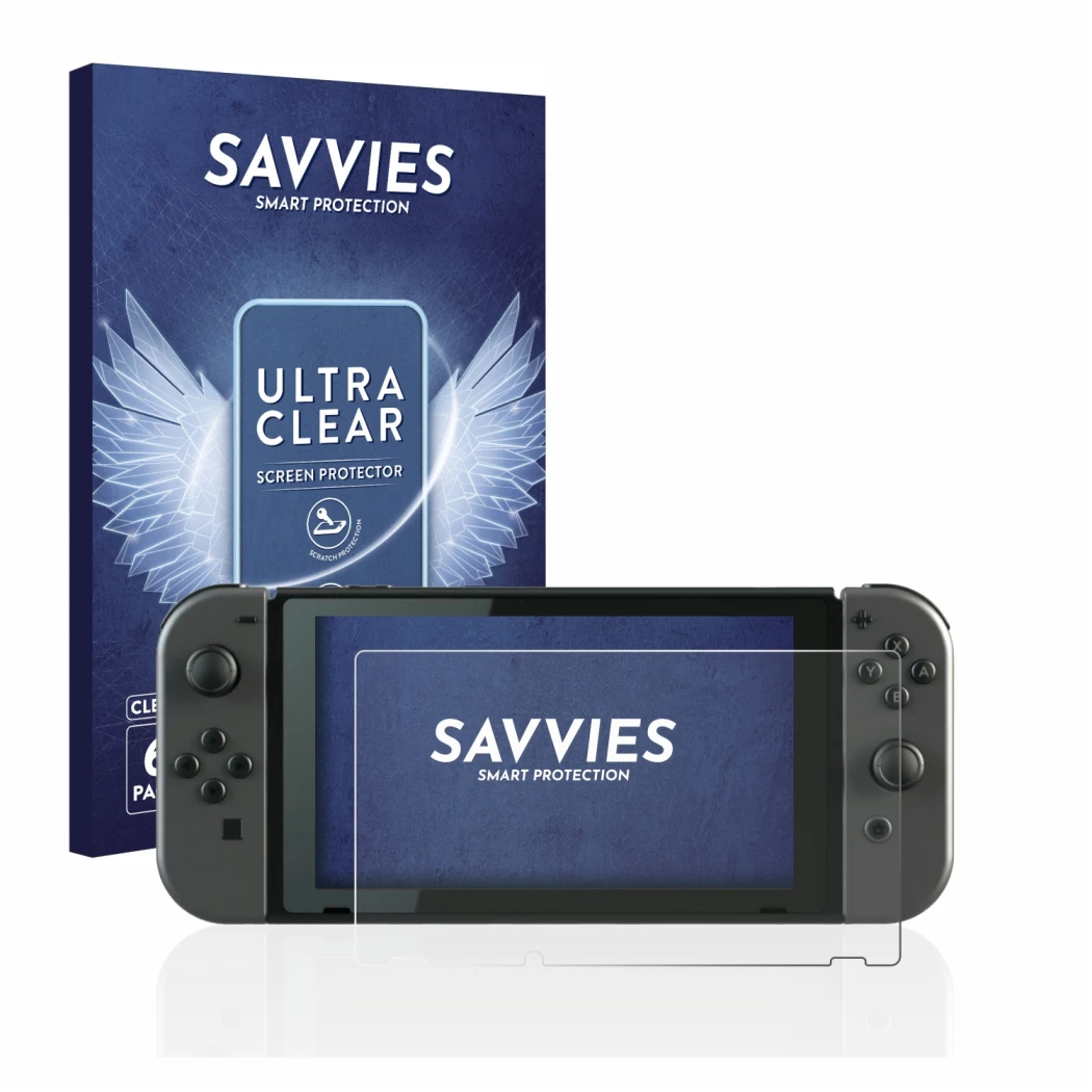 Parte frontale di una confezione del prodotto con il logo del marchio Savvies. Accanto è raffigurato il dispositivo Nintendo S