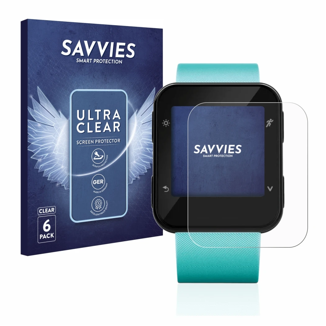 Parte frontale di una confezione del prodotto con il logo del marchio Savvies. Accanto è raffigurato il dispositivo Garmin For