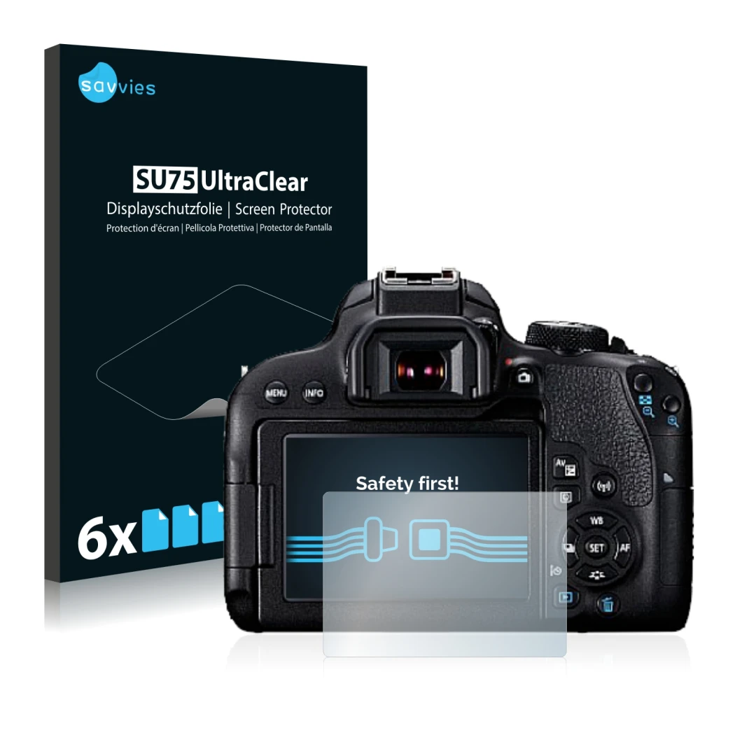 Parte frontale di una confezione del prodotto con il logo del marchio Savvies. Accanto è raffigurato il dispositivo Canon EOS 