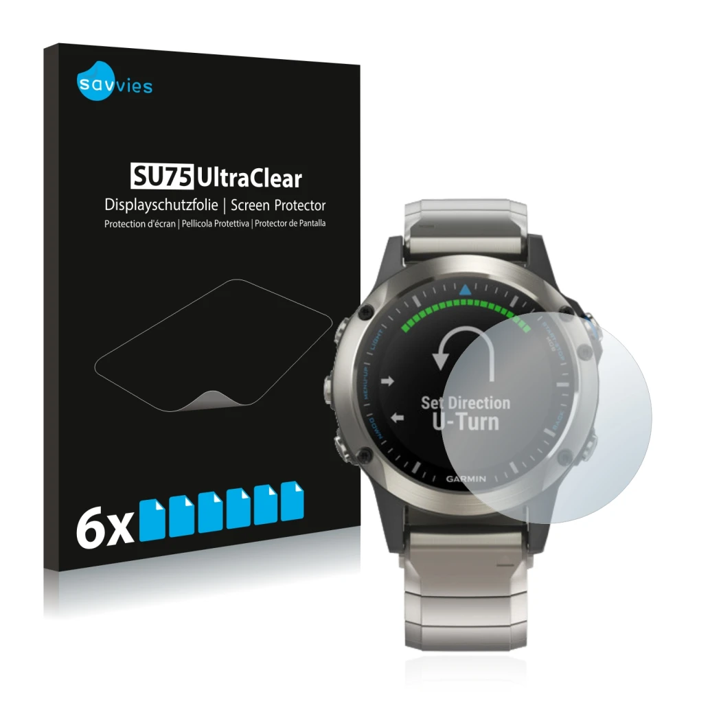 Parte frontale di una confezione del prodotto con il logo del marchio Savvies. Accanto è raffigurato il dispositivo Garmin qua