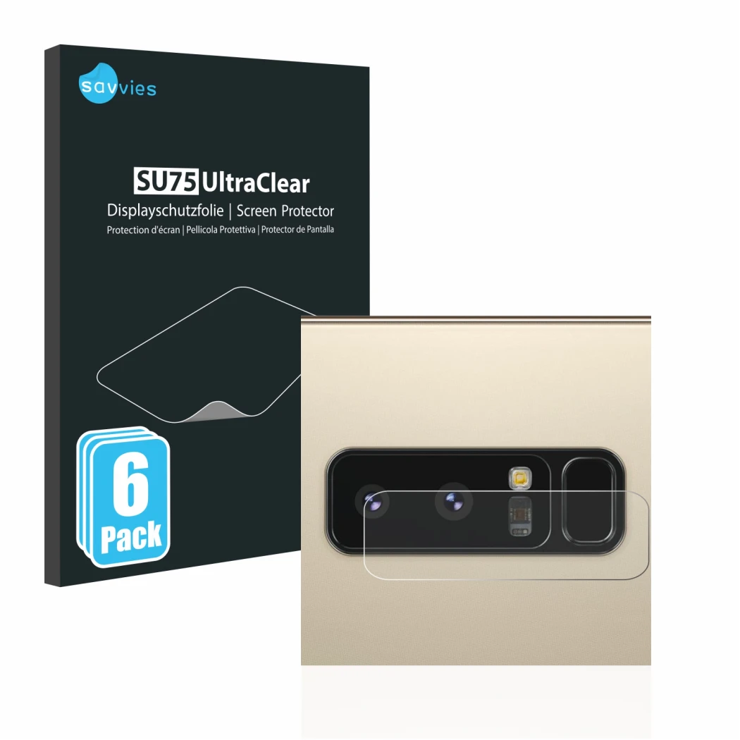 Parte frontale di una confezione del prodotto con il logo del marchio Savvies. Accanto è raffigurato il dispositivo Samsung Ga