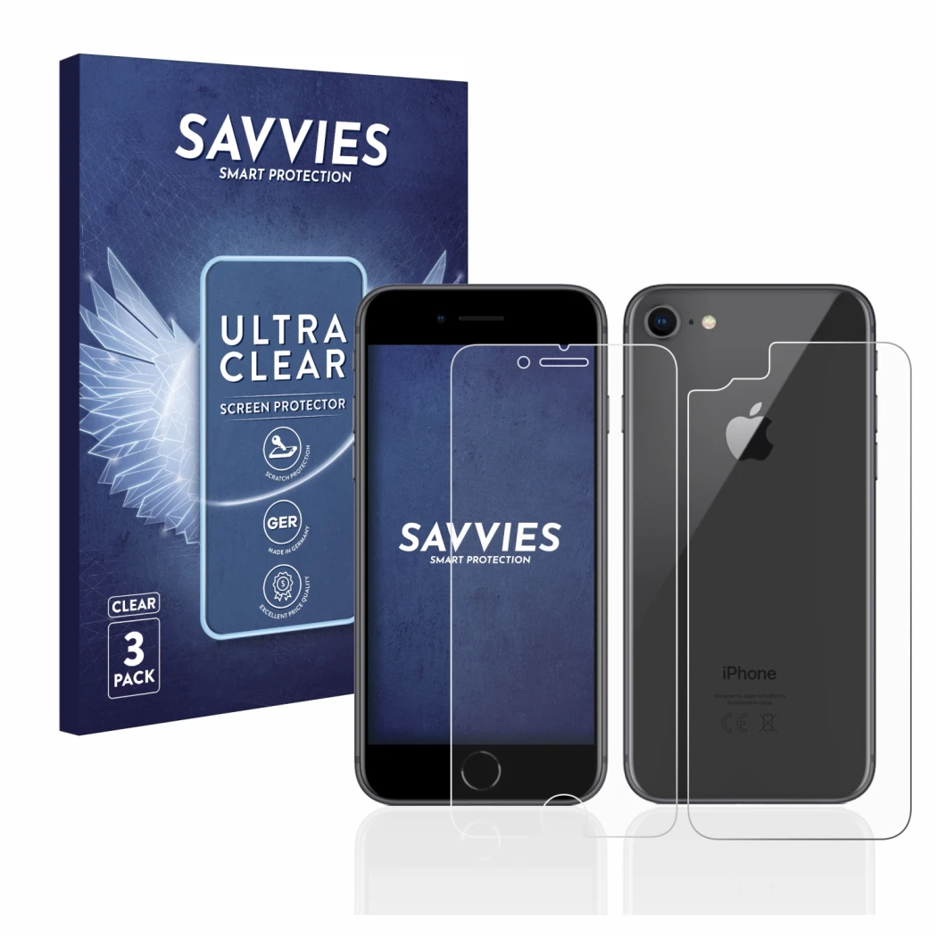 Parte frontale di una confezione del prodotto con il logo del marchio Savvies. Accanto è raffigurato il dispositivo Apple iPho