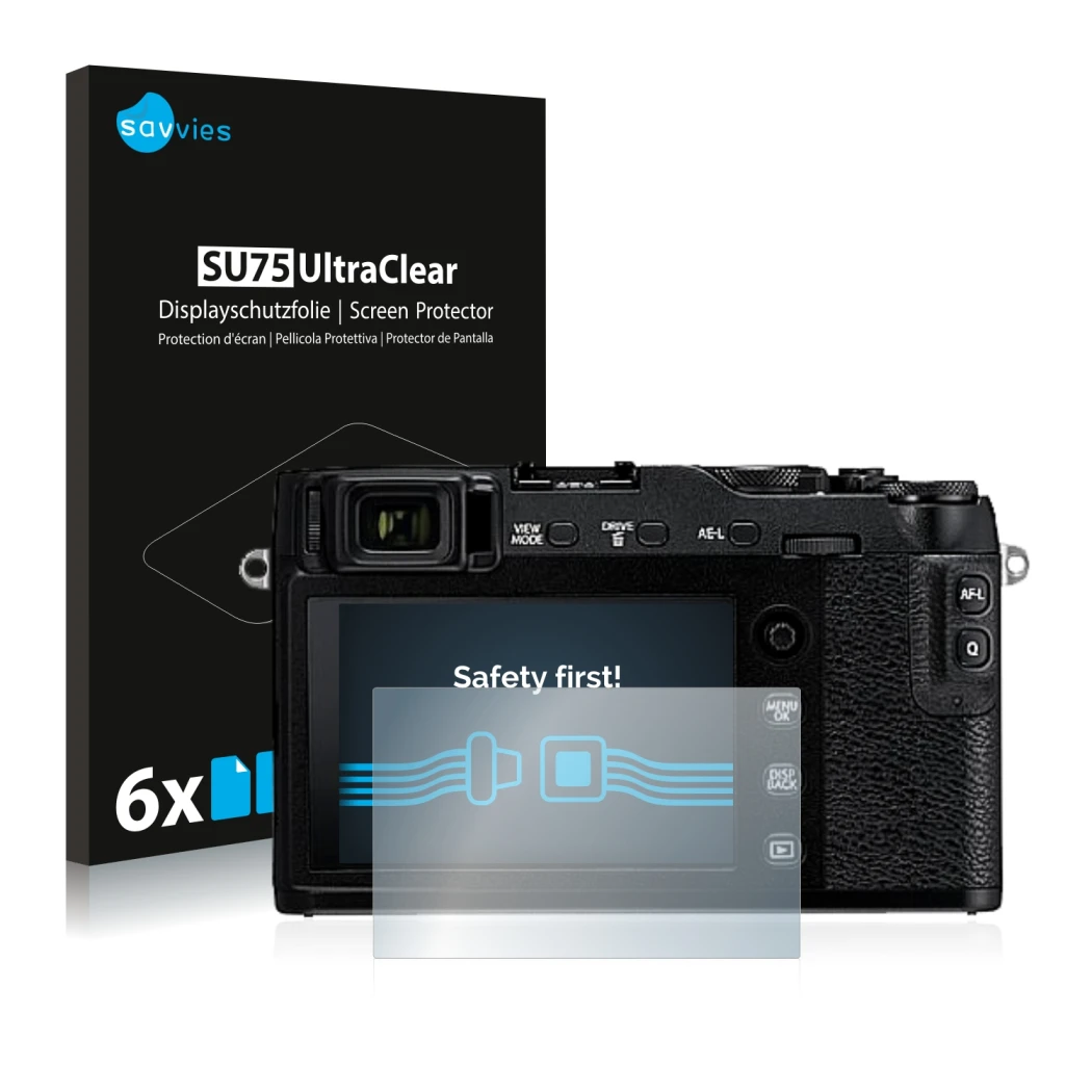 Parte frontale di una confezione del prodotto con il logo del marchio Savvies. Accanto è raffigurato il dispositivo Fujifilm X