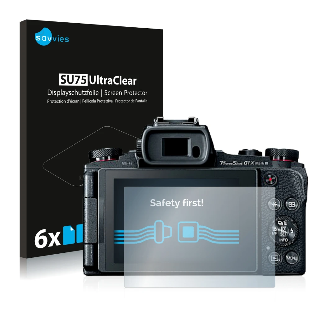 Parte frontale di una confezione del prodotto con il logo del marchio Savvies. Accanto è raffigurato il dispositivo Canon Powe