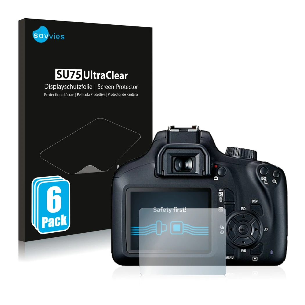 Parte frontale di una confezione del prodotto con il logo del marchio Savvies. Accanto è raffigurato il dispositivo Canon EOS 