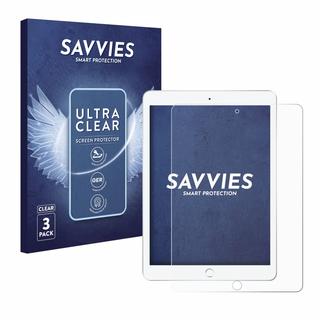Parte frontale di una confezione del prodotto con il logo del marchio Savvies. Accanto è raffigurato il dispositivo Apple iPad