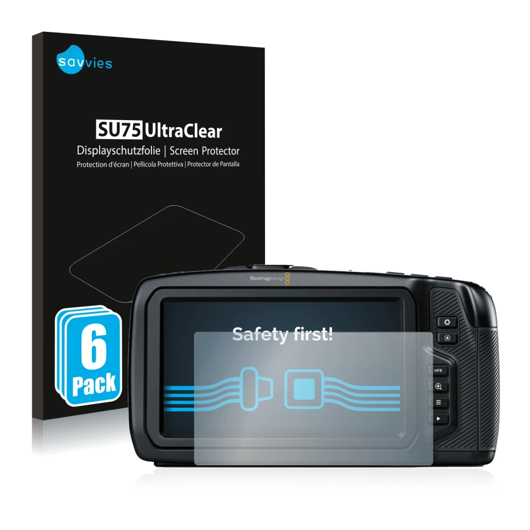 Parte frontale di una confezione del prodotto con il logo del marchio Savvies. Accanto è raffigurato il dispositivo Blackmagic