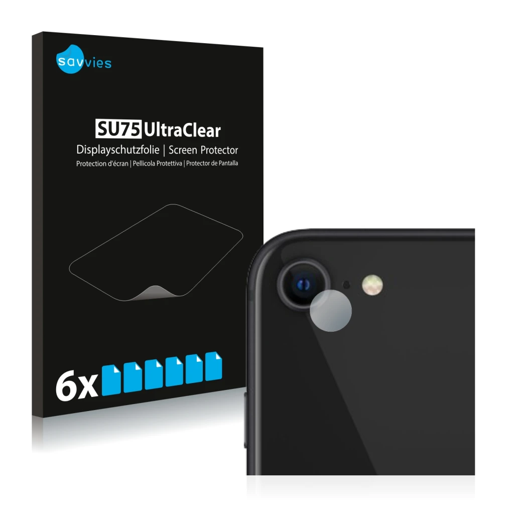 Parte frontale di una confezione del prodotto con il logo del marchio Savvies. Accanto è raffigurato il dispositivo Apple iPho