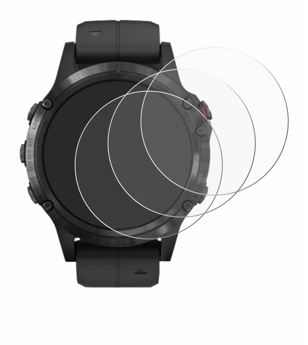 Immagine del dispositivo Garmin Fenix 5 Plus (47 mm) con un'ampia varietà di protezioni per lo schermo.