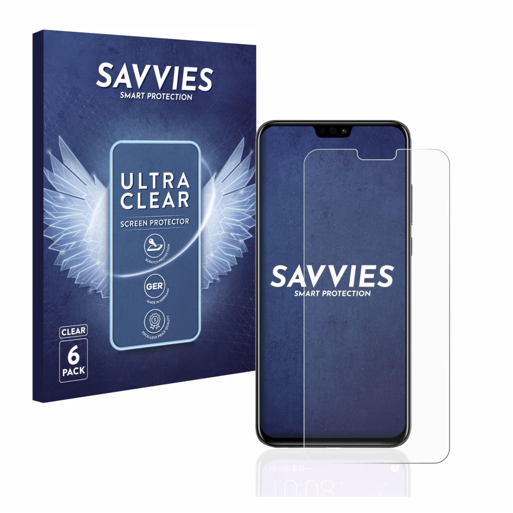 Parte frontale di una confezione del prodotto con il logo del marchio Savvies. Accanto è raffigurato il dispositivo Honor 8X c