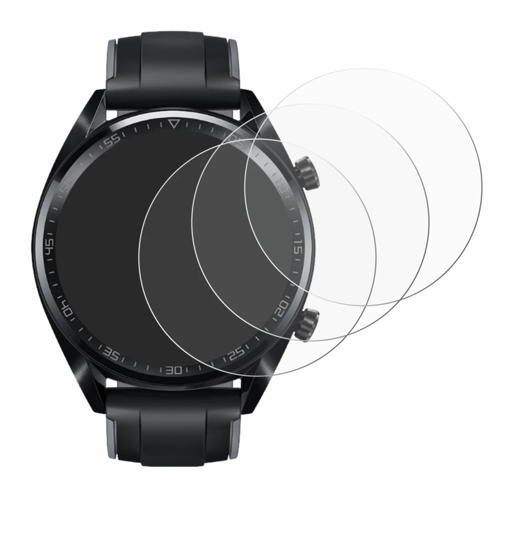 Immagine del dispositivo Huawei Watch GT (46 mm) 2018 con un'ampia varietà di protezioni per lo schermo.