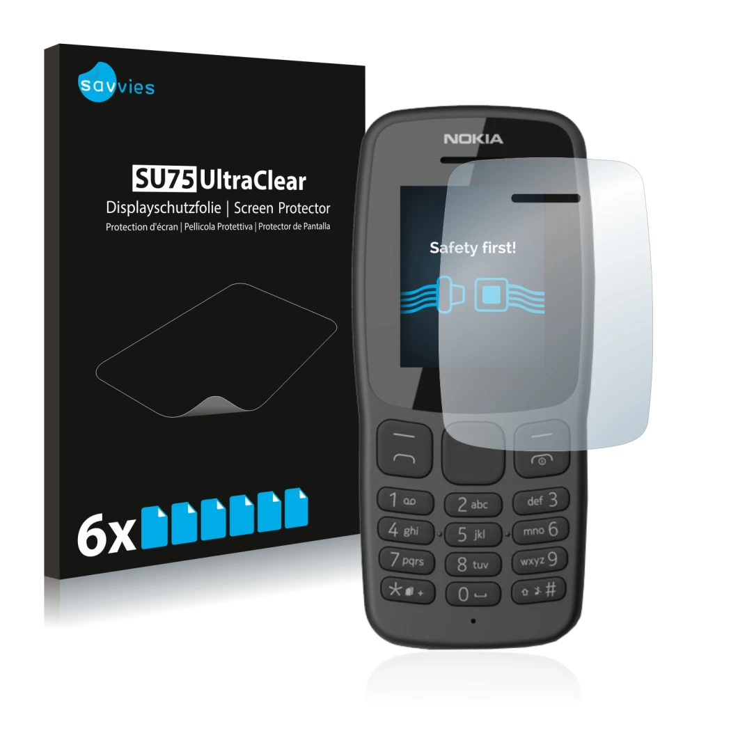 Parte frontale di una confezione del prodotto con il logo del marchio Savvies. Accanto è raffigurato il dispositivo Nokia 106 