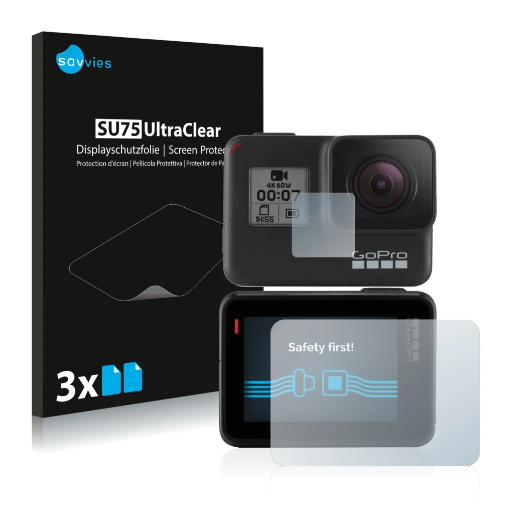 Parte frontale di una confezione del prodotto con il logo del marchio Savvies. Accanto è raffigurato il dispositivo GoPro Hero