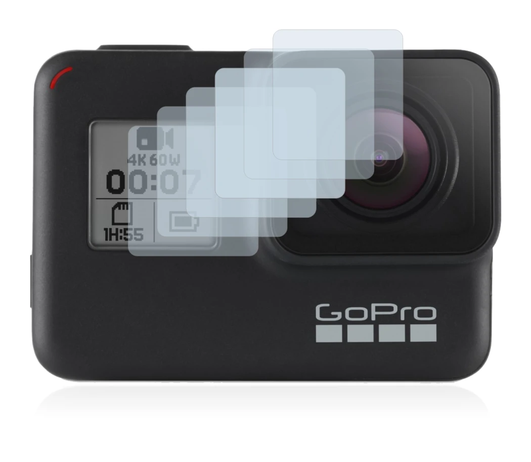 Immagine del dispositivo GoPro Hero 7 Black (Fronte Display) con un'ampia varietà di protezioni per lo schermo.