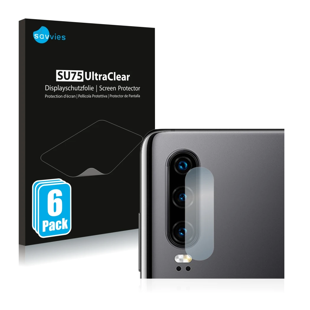 Parte frontale di una confezione del prodotto con il logo del marchio Savvies. Accanto è raffigurato il dispositivo Huawei P30