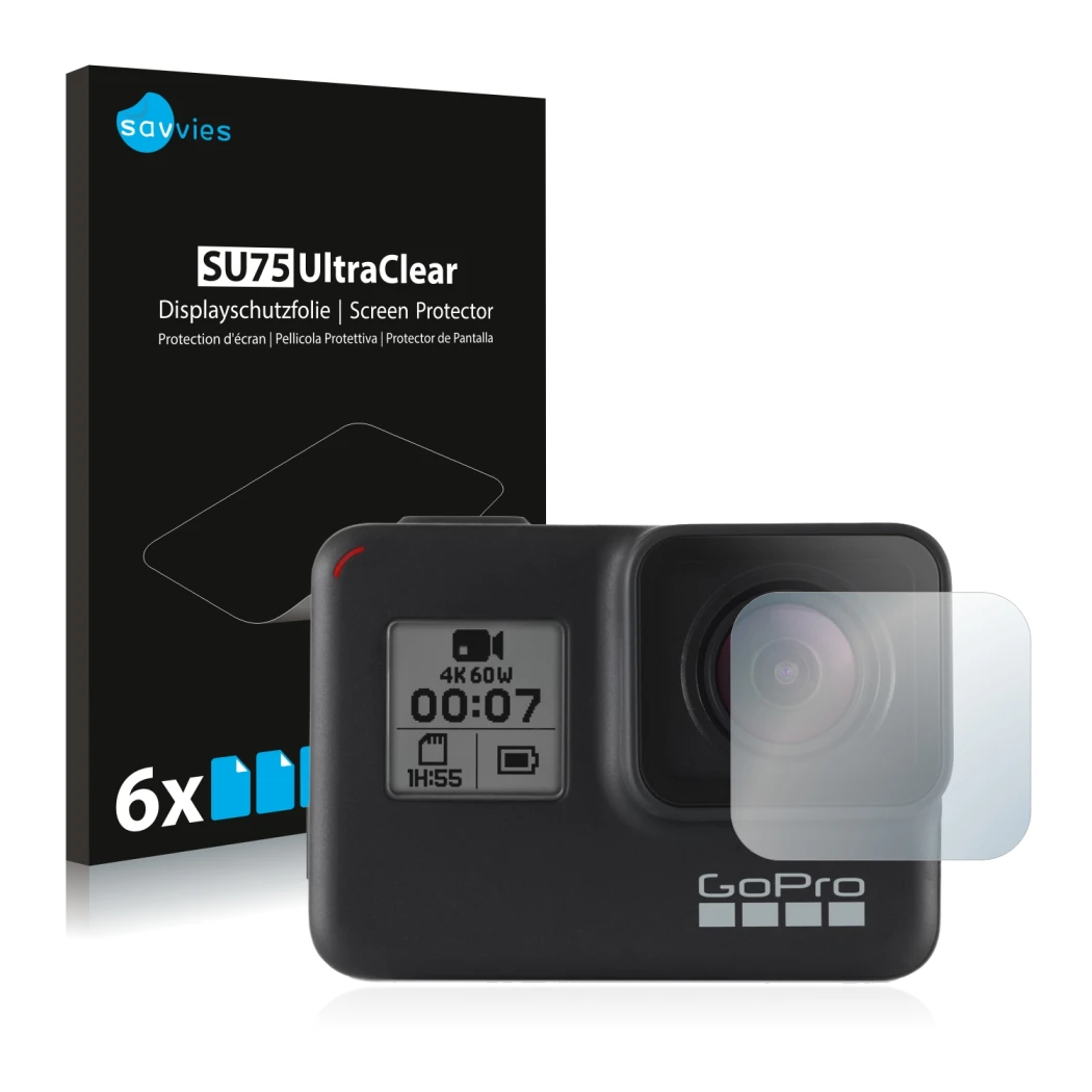 Parte frontale di una confezione del prodotto con il logo del marchio Savvies. Accanto è raffigurato il dispositivo GoPro Hero