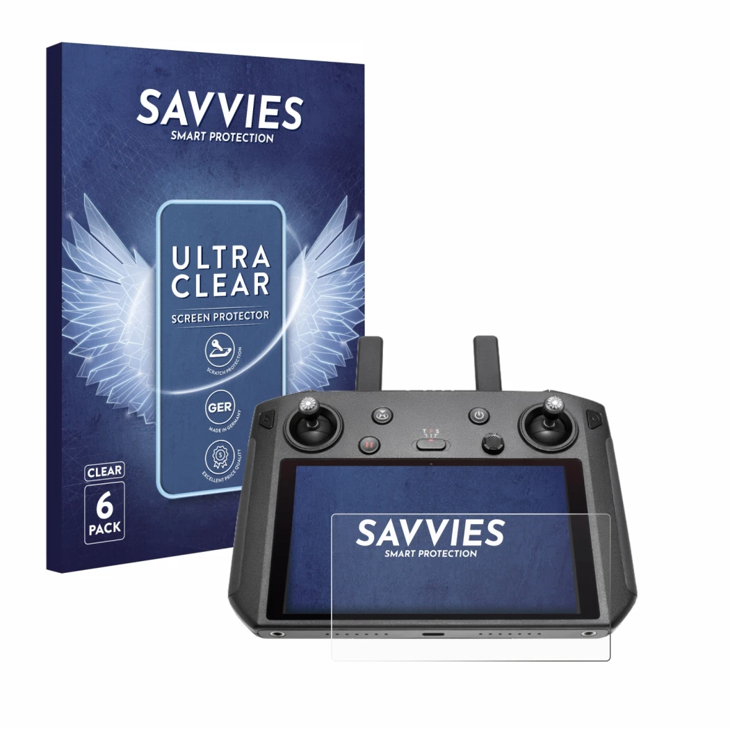 Parte frontale di una confezione del prodotto con il logo del marchio Savvies. Accanto è raffigurato il dispositivo DJI Smart 