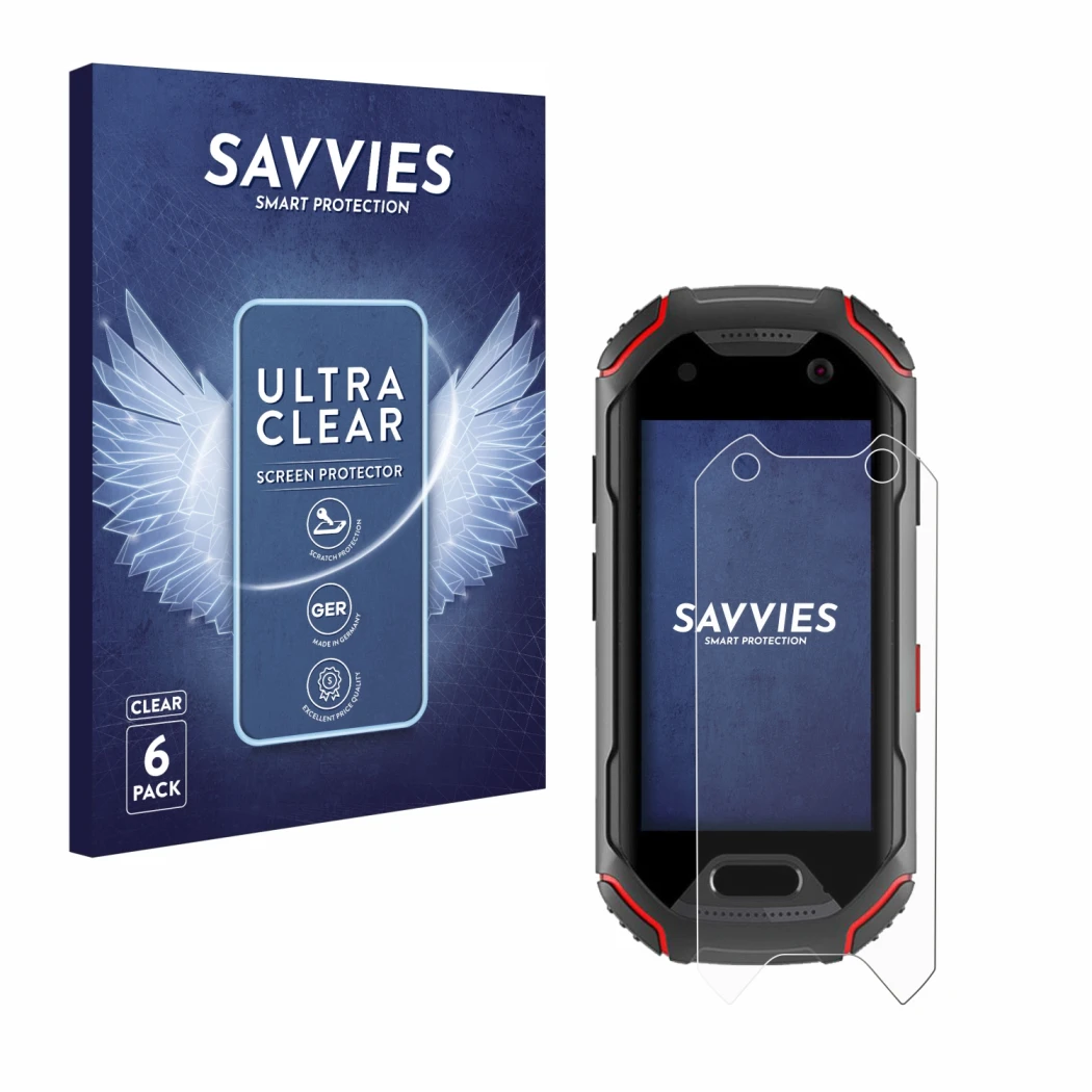 Parte frontale di una confezione del prodotto con il logo del marchio Savvies. Accanto è raffigurato il dispositivo Unihertz A