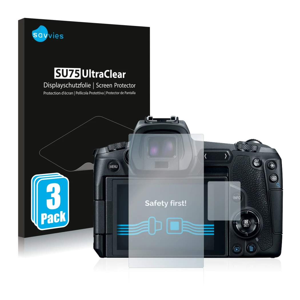 Parte frontale di una confezione del prodotto con il logo del marchio Savvies. Accanto è raffigurato il dispositivo Canon EOS 