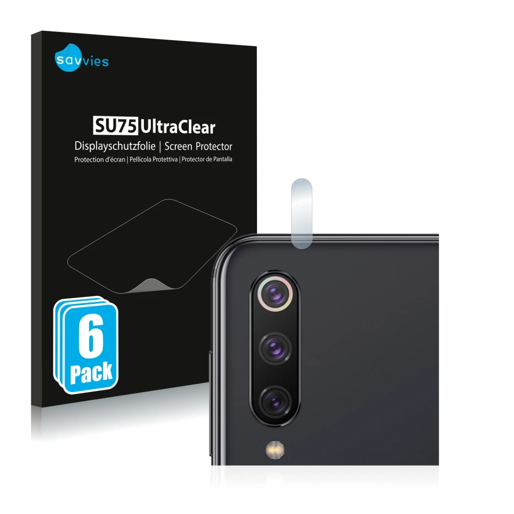 Parte frontale di una confezione del prodotto con il logo del marchio Savvies. Accanto è raffigurato il dispositivo Xiaomi Mi 