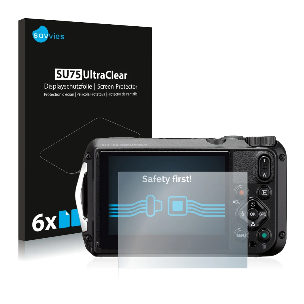 Parte frontale di una confezione del prodotto con il logo del marchio Savvies. Accanto è raffigurato il dispositivo Ricoh WG-6