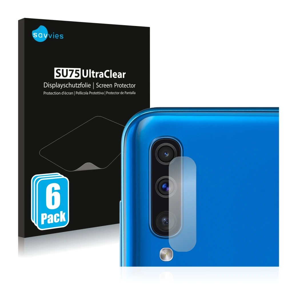 Parte frontale di una confezione del prodotto con il logo del marchio Savvies. Accanto è raffigurato il dispositivo Samsung Ga