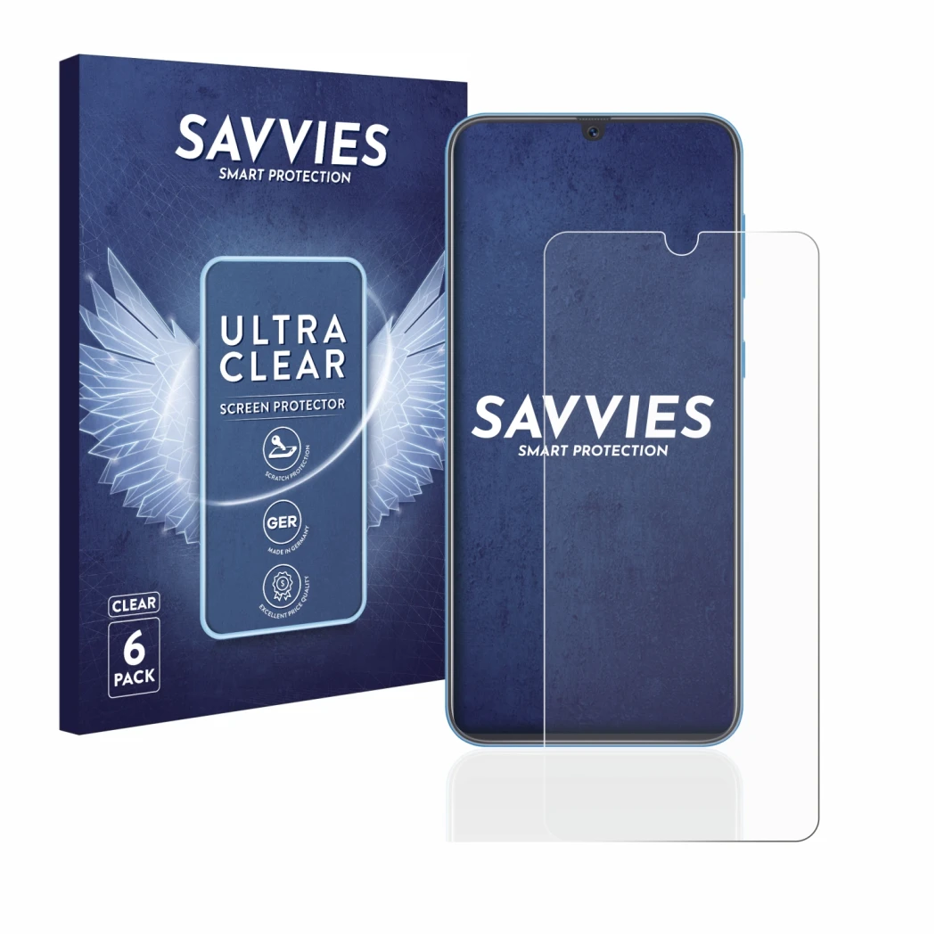 Parte frontale di una confezione del prodotto con il logo del marchio Savvies. Accanto è raffigurato il dispositivo Samsung Ga