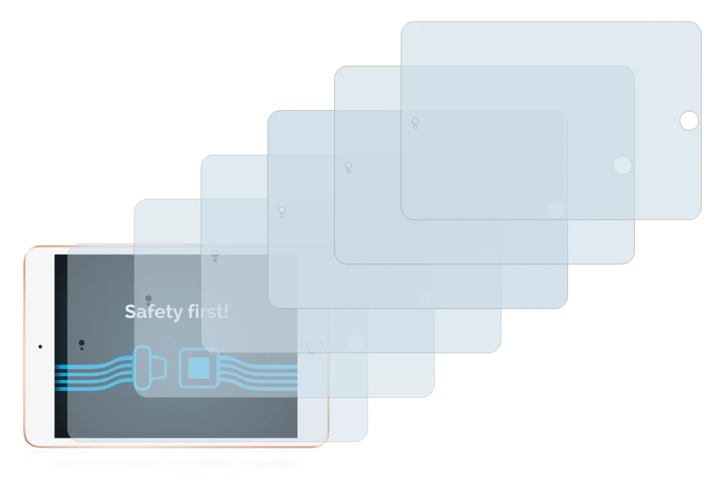 Immagine del dispositivo Apple iPad Mini 5 2019 (in formato orizzontale, 5a Gen.) con un'ampia varietà di protezioni per lo sc