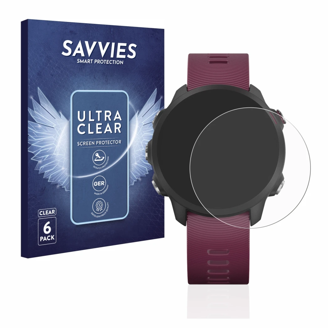 Parte frontale di una confezione del prodotto con il logo del marchio Savvies. Accanto è raffigurato il dispositivo Garmin For