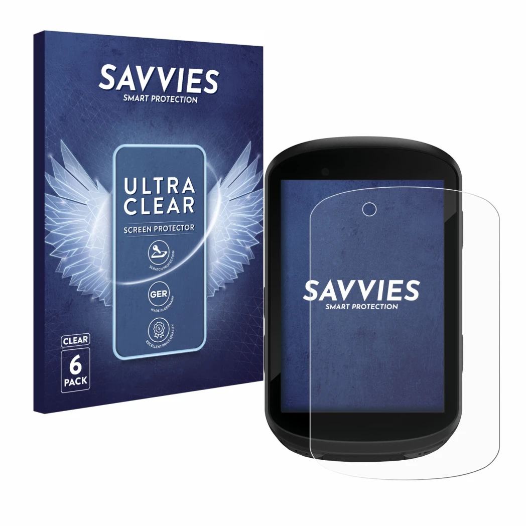 Parte frontale di una confezione del prodotto con il logo del marchio Savvies. Accanto è raffigurato il dispositivo Garmin Edg