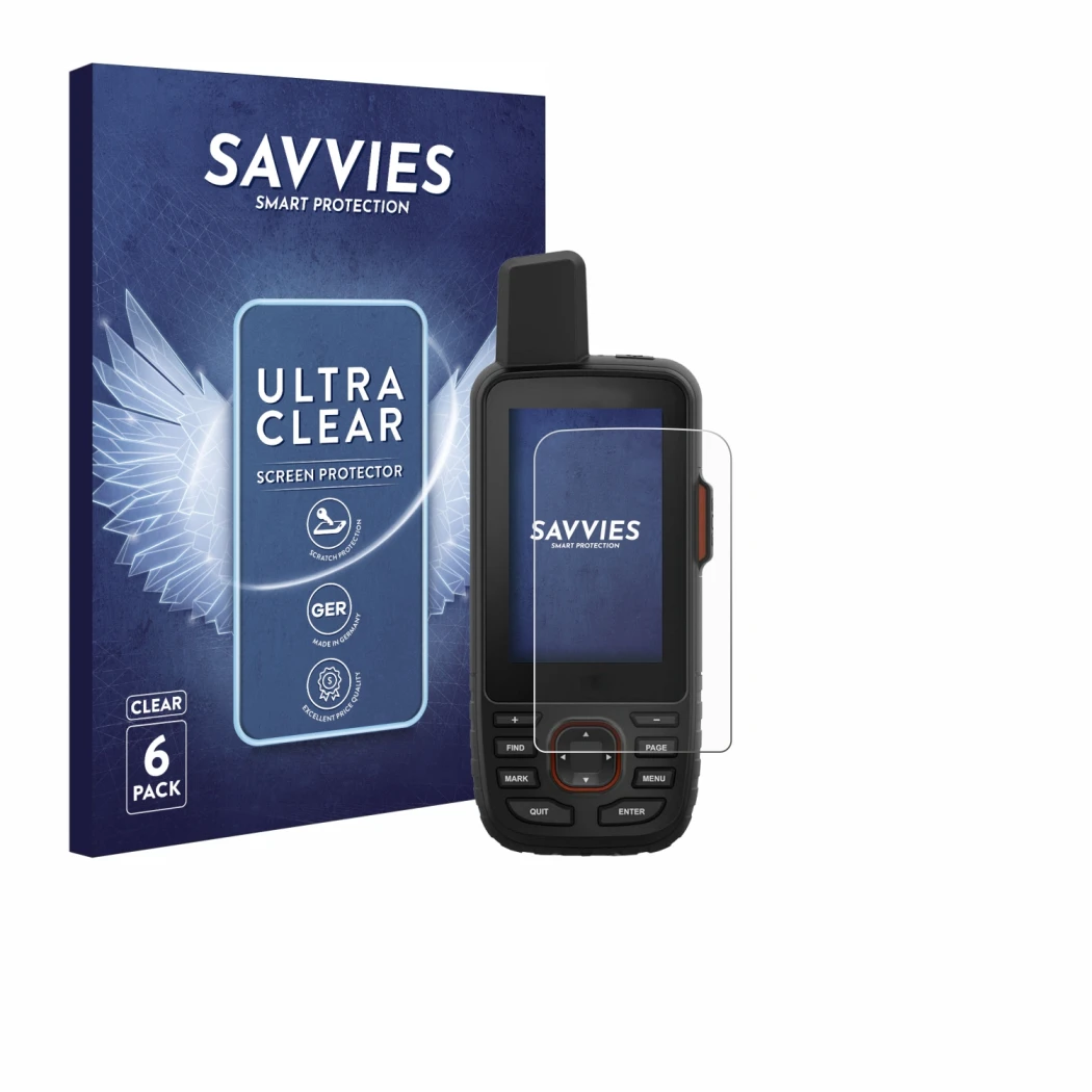 Parte frontale di una confezione del prodotto con il logo del marchio Savvies. Accanto è raffigurato il dispositivo Garmin GPS