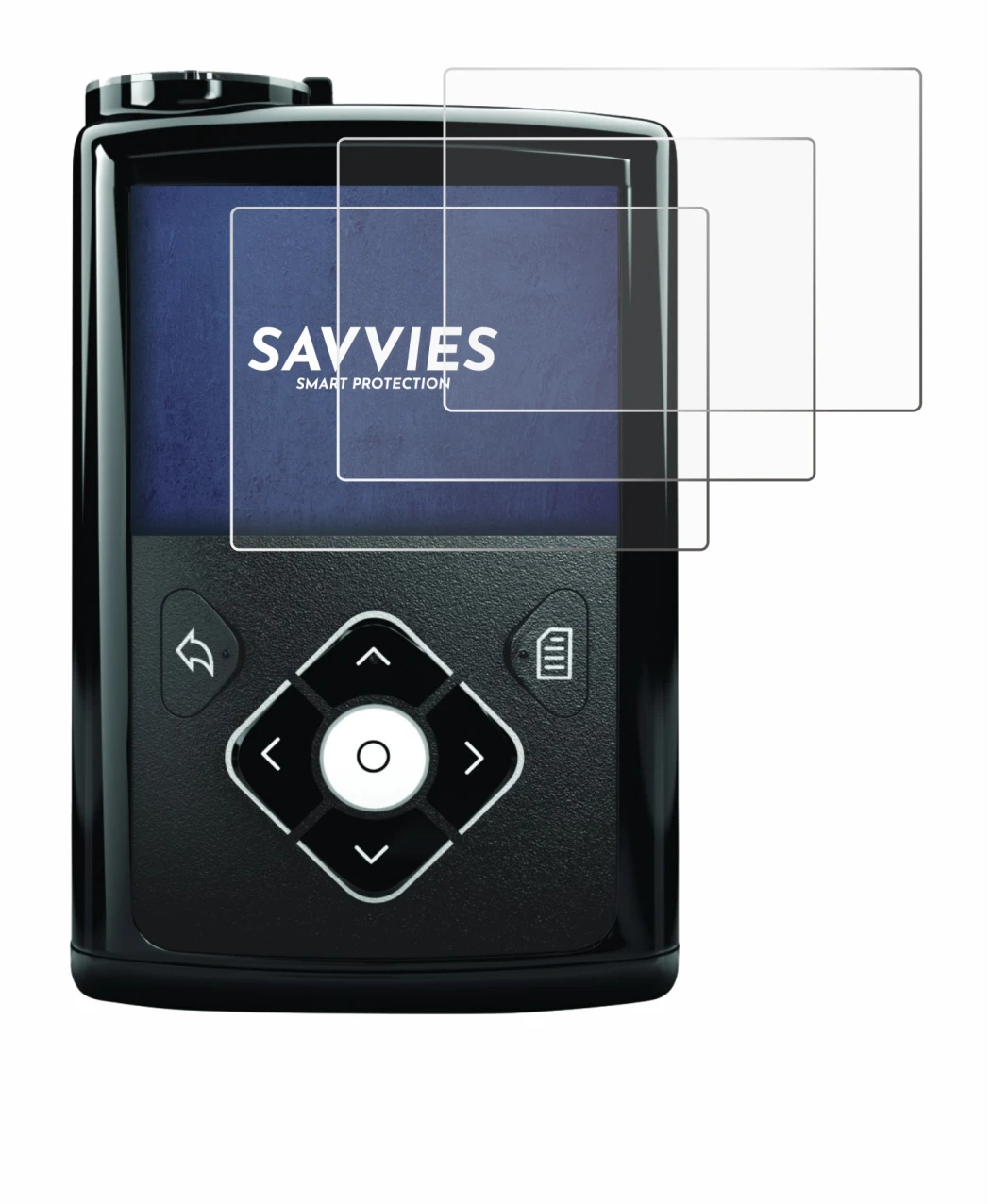 Immagine del dispositivo Medtronic Minimed 640G con un'ampia varietà di protezioni per lo schermo.