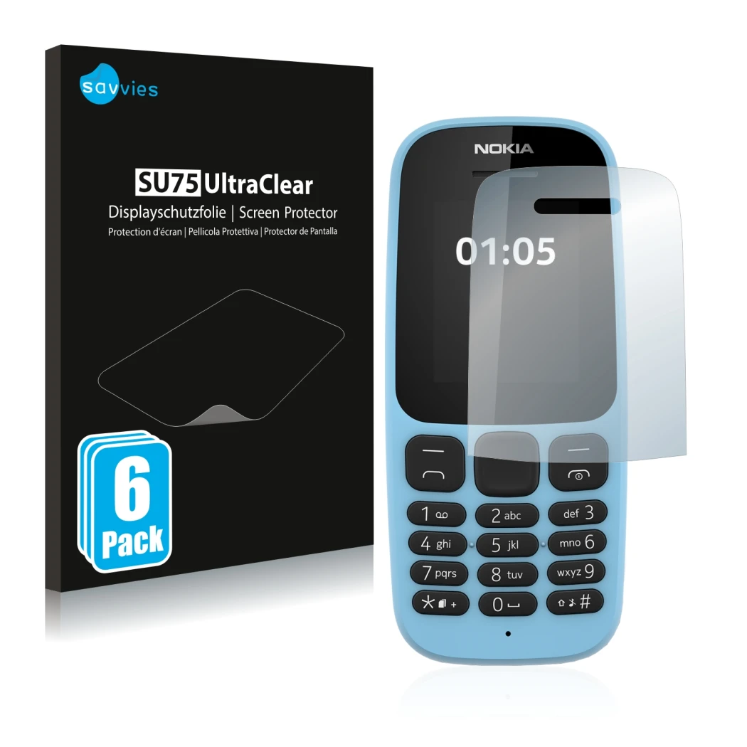 Parte frontale di una confezione del prodotto con il logo del marchio Savvies. Accanto è raffigurato il dispositivo Nokia 105 