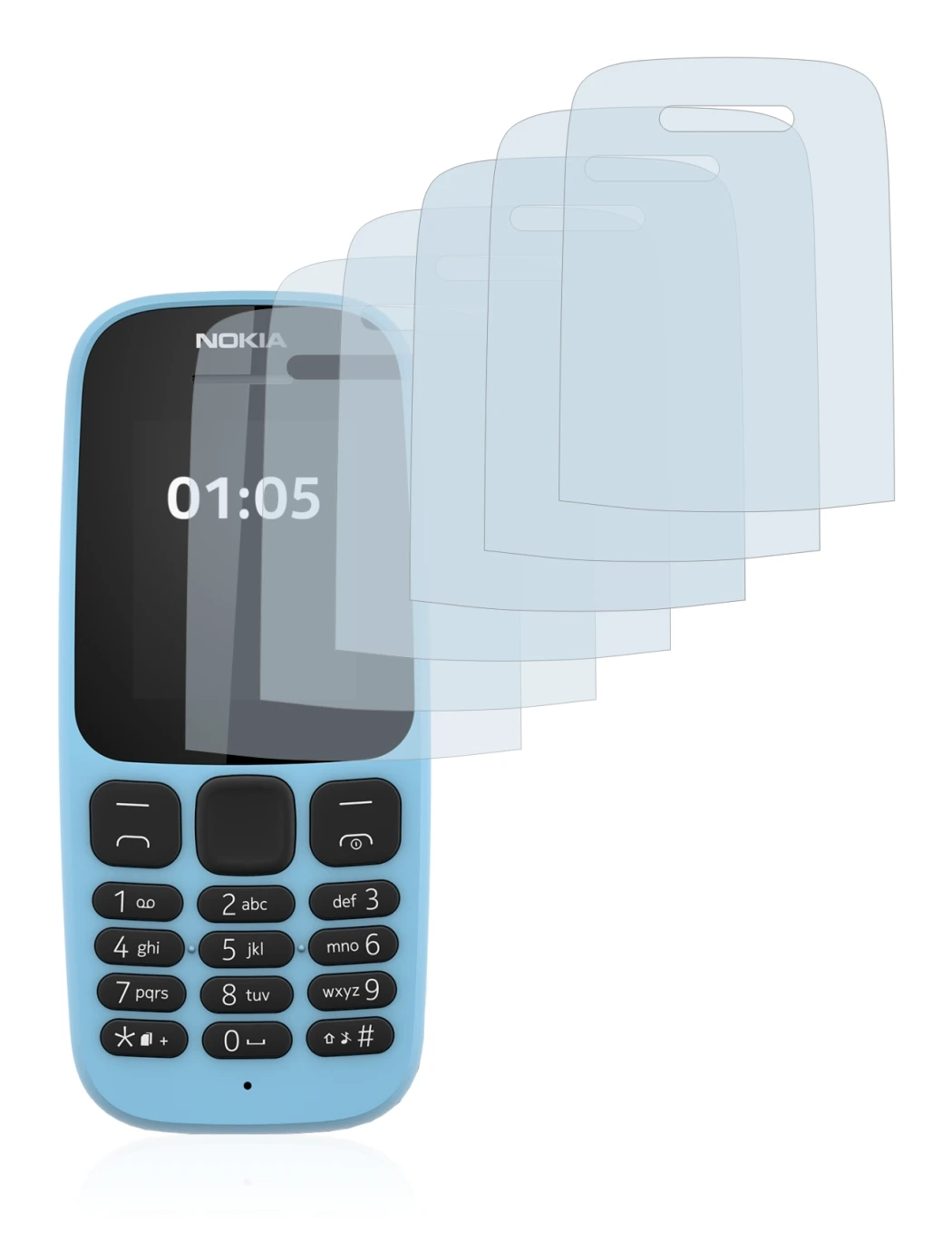 Immagine del dispositivo Nokia 105 2019 con un'ampia varietà di protezioni per lo schermo.
