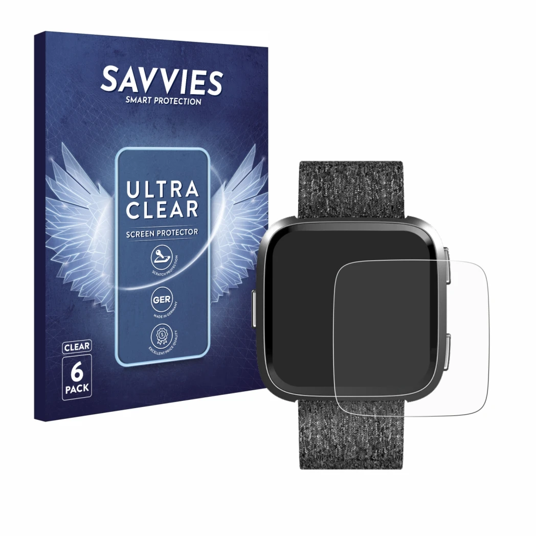 Parte frontale di una confezione del prodotto con il logo del marchio Savvies. Accanto è raffigurato il dispositivo Fitbit Ver