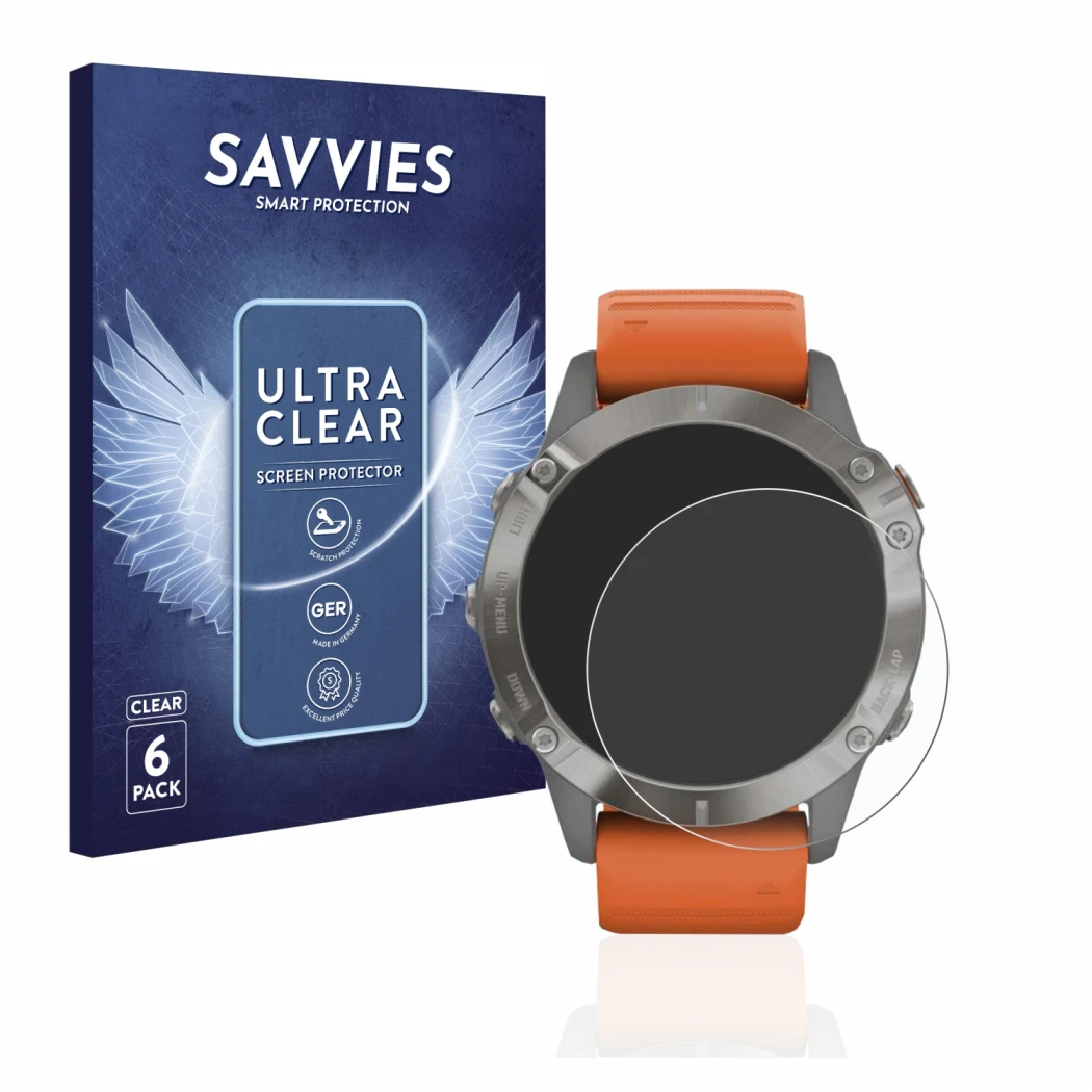 Parte frontale di una confezione del prodotto con il logo del marchio Savvies. Accanto è raffigurato il dispositivo Garmin Fen